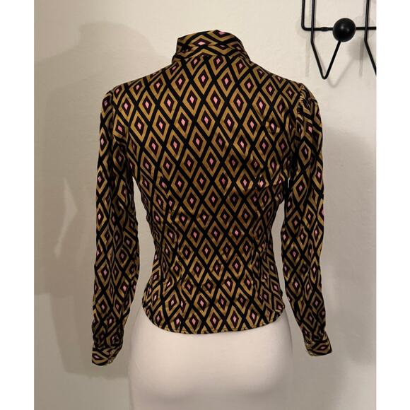 Milly of New York Gold Diamond Geometric 100% Silk Blouse Size 0 - Picture 2 of 5